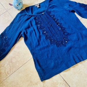 Tommy Bahama Peasant Top Navy Sequins and beads